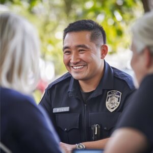 Police officer, speaking at neighborhood watch officer survey